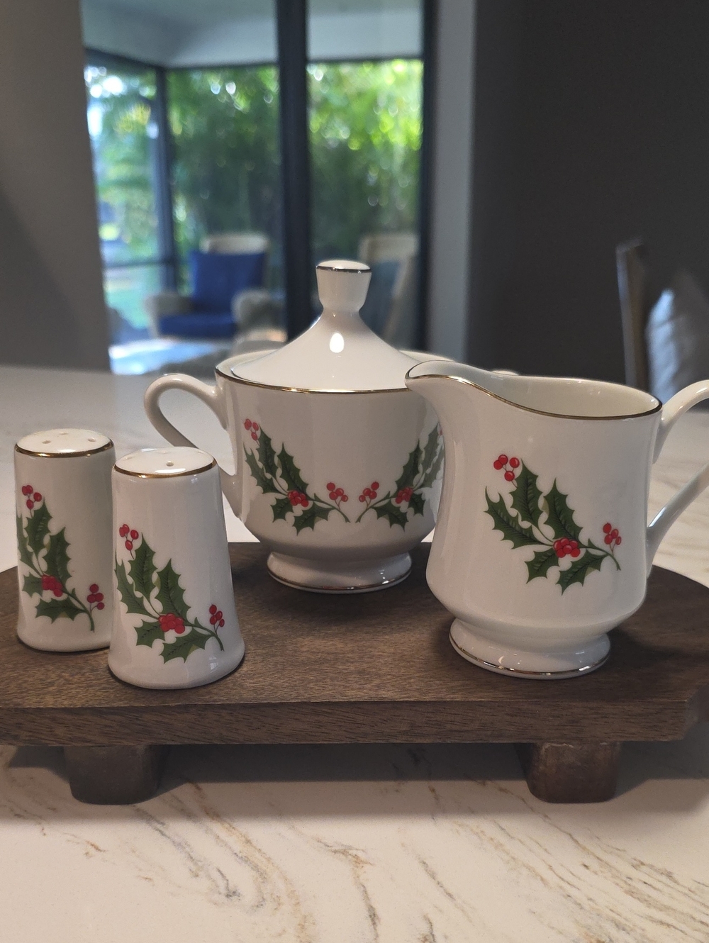 Vtg China Holiday Creamer, Sugar, Salt, Pepper Shakers Set All The Trimmings